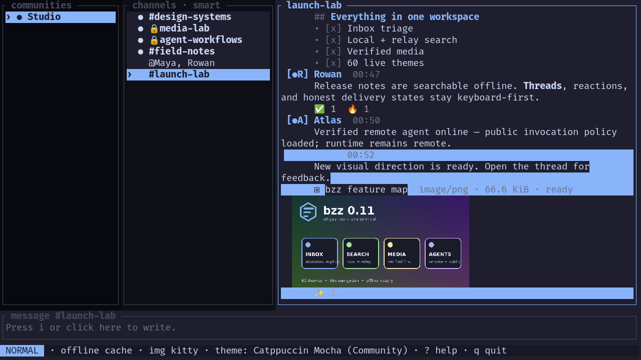 bzz TUI showing channels, conversation, and thread panes